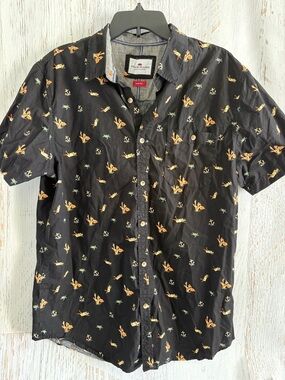 Ditch Plains Black Short-Sleeve Button-Down with Orange Nautical & Diver Motif